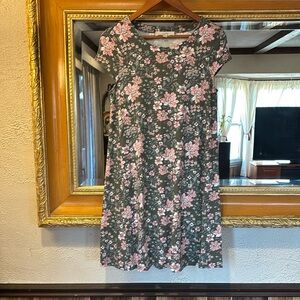 Loft Green & Pink Floral Swing Dress - Size XS